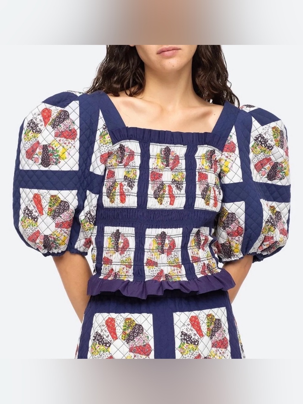 Sea New York Pippin Puff Sleeve Patchwork Smocked Top Blue Blouse Size 4